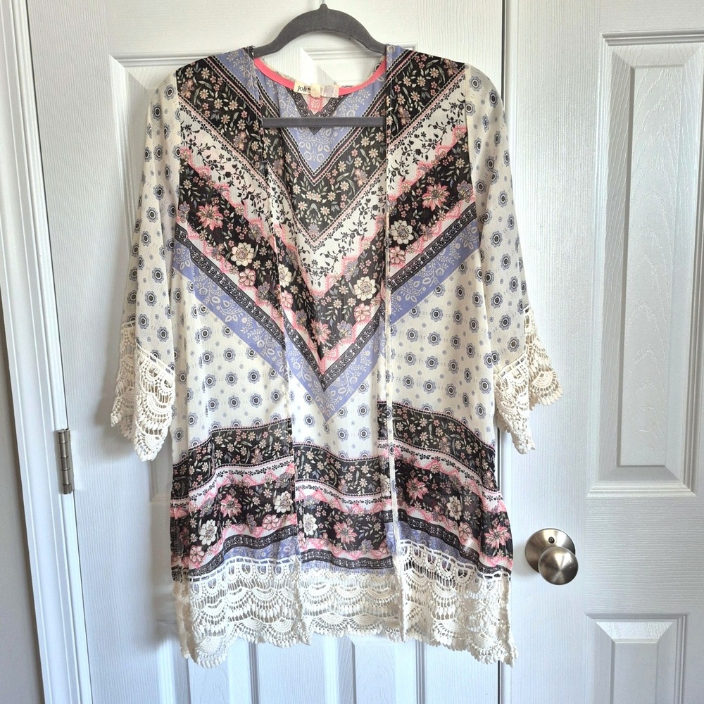 Jolt sheer white kimono floral with crochet lace boho cottage womens medium